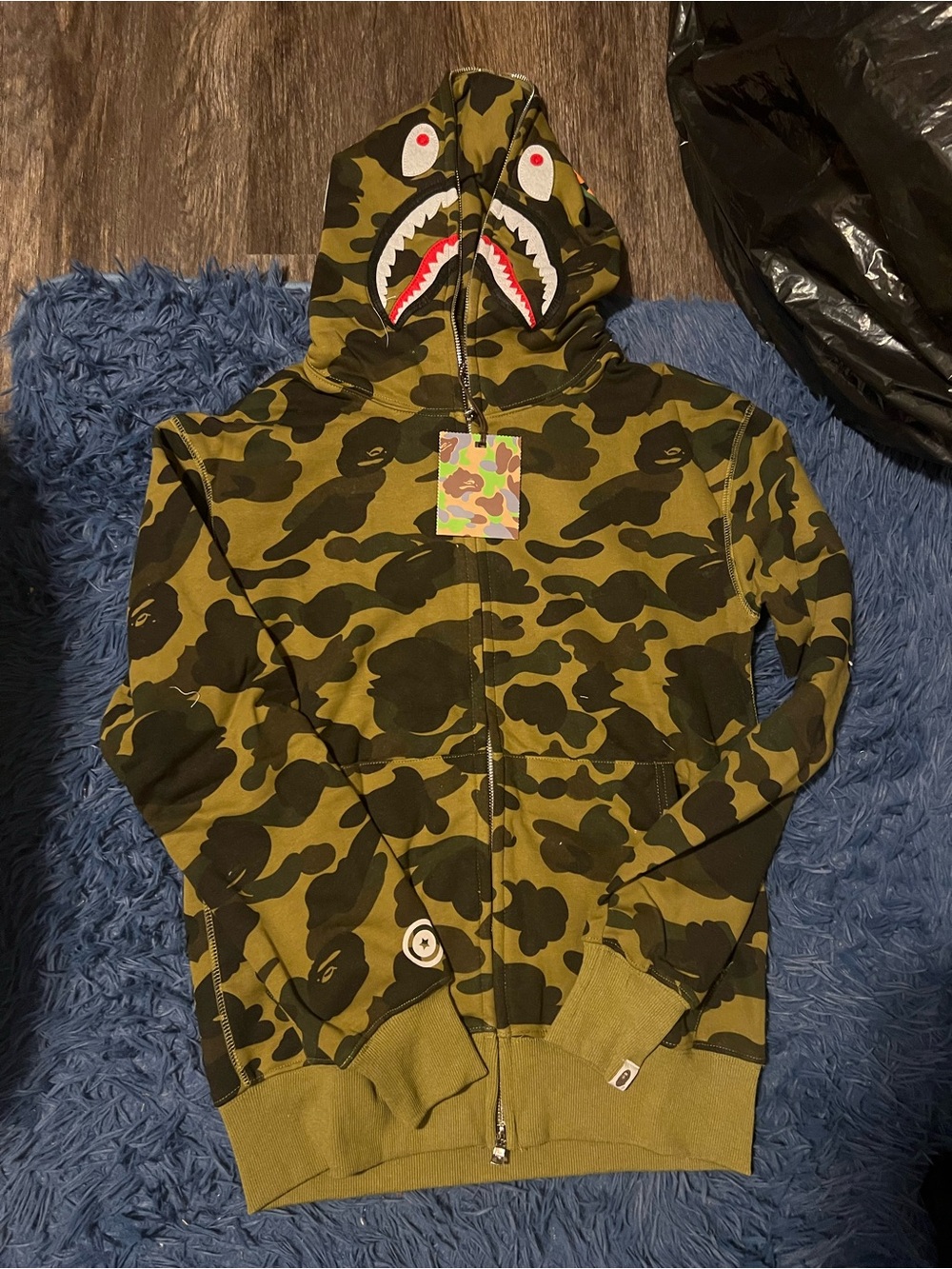 Men's Olive Green Camo Zip-Up Hoodie with Shark Detail